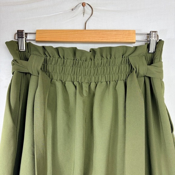 Paper Bag Pants Sz Large Olive Green Bow Tie Pull On High Waist Tapered Ankle - Picture 7 of 13